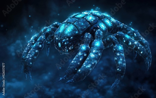 A 3D design of a large insectoid creature with glowing blue patterns, segmented body, and multiple legs, placed in an abstract dark blue space. photo