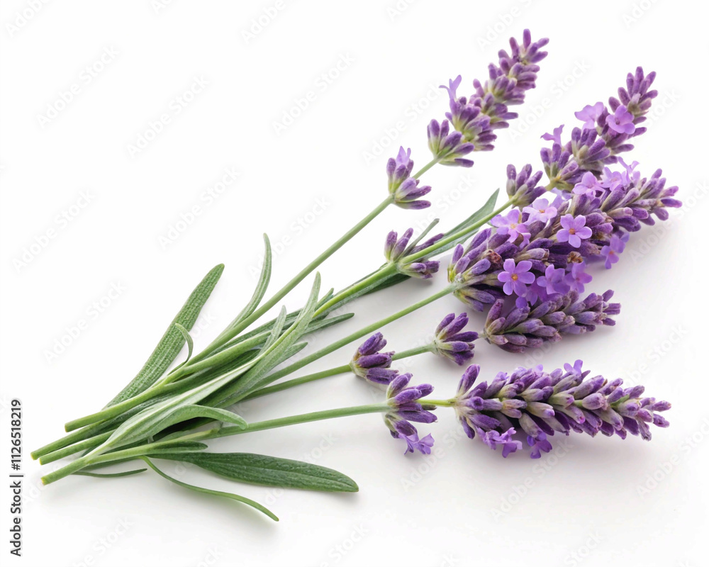 Fototapeta premium bunch of lavender isolated on white background, Elegant Purple Lavender Sprigs on a Clean White Background – Botanical Minimalism