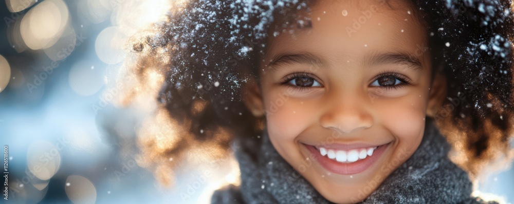 Fototapeta premium Close up portrait of happy young girl in winter with bright white smile, copy space