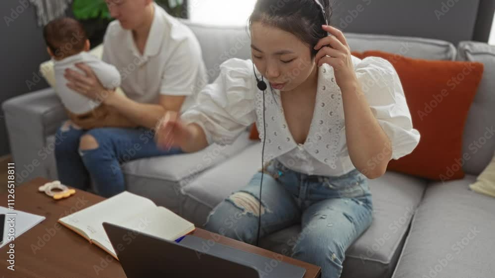 Mother multitasking on laptop while father cradles baby in cozy living room, exemplifying modern family dynamics and work-life balance.