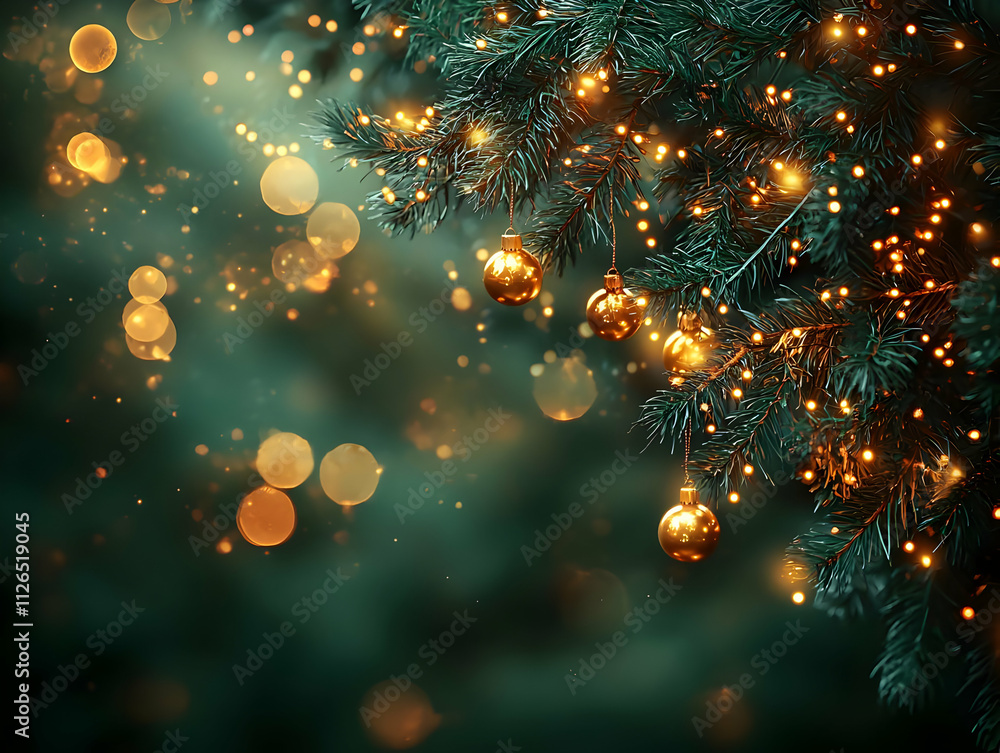 Golden Ornaments Gleam on Festive Tree Branches with Lights Golden Ornaments Gleam on Festive Tree Branches with Lights