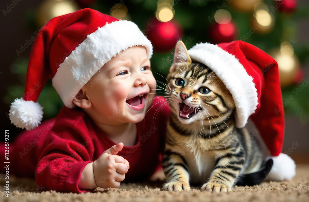 Christmas photo of happy baby child and little kitten laughing together, wearing Santa hats, both laughing with open mouths, Christmas tree background Christmas photo of happy baby child and little kitten laughing together, wearing Santa hats, both laughing with open mouths, Christmas tree background