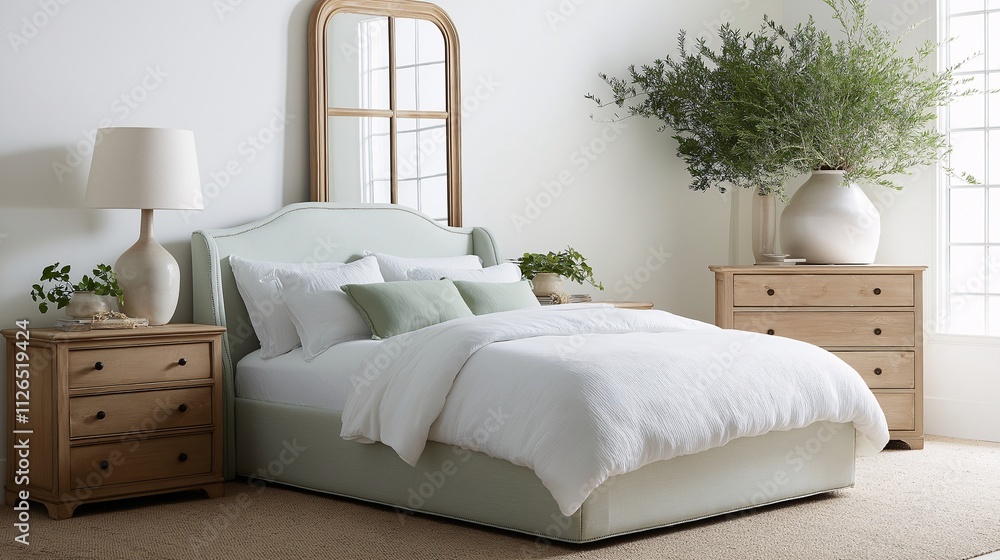 Serene and Airy Bedroom Interior with Soft Blue Accents, Elegant Furniture, Natural Light, and Lush Greenery for a Relaxing Atmosphere and Cozy Retreat Serene and Airy Bedroom Interior with Soft Blue Accents, Elegant Furniture, Natural Light, and Lush Greenery for a Relaxing Atmosphere and Cozy Retreat