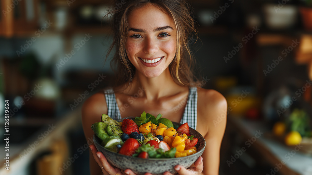 Cropped portrait of a young sporty cheerful slim woman eating healthy food at home . Healthy nutrition and lifestyle concept. Cropped portrait of a young sporty cheerful slim woman eating healthy food at home . Healthy nutrition and lifestyle concept.
