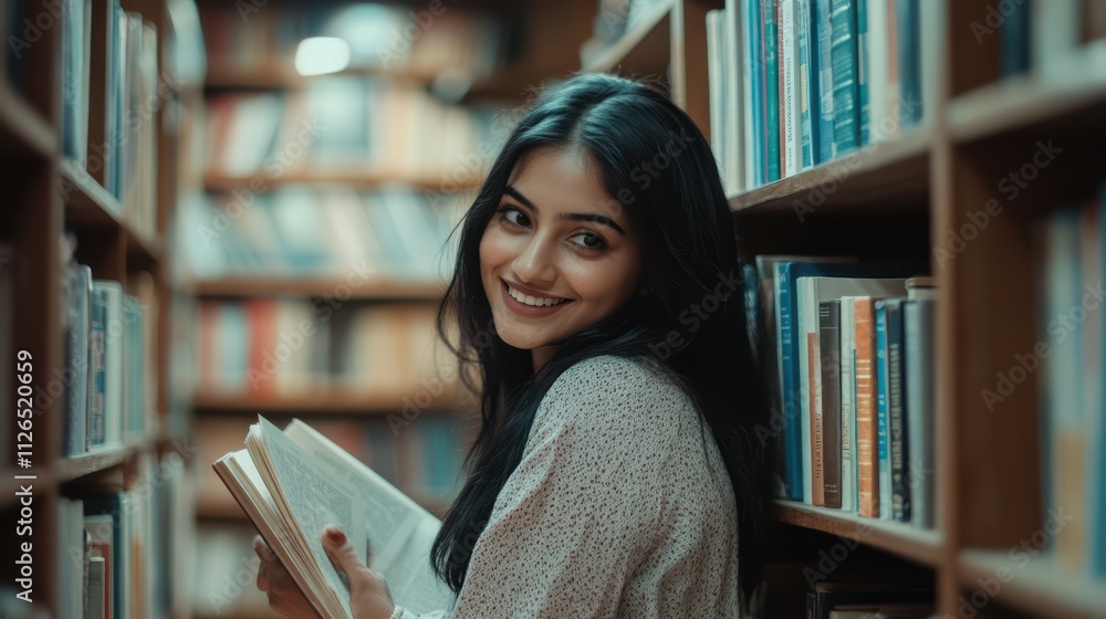 Cheerful beautiful young Indian literature fan woman choosing book on bookshelf, looking at camera with toothy smile, enjoying intelligent reading hobby in library, bookshop Cheerful beautiful young Indian literature fan woman choosing book on bookshelf, looking at camera with toothy smile, enjoying intelligent reading hobby in library, bookshop