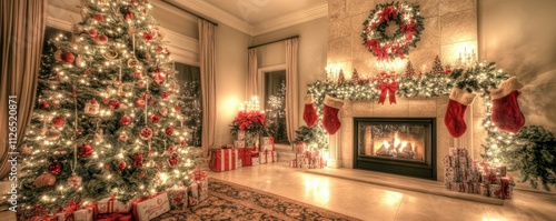 Wallpaper Mural Christmas Tree with Decorations Near a Fireplace with Lights Torontodigital.ca