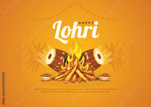 Indian Punjabi festival of lohri celebration fire background with decorated drum and bonfire with festival elements. vector illustration design.