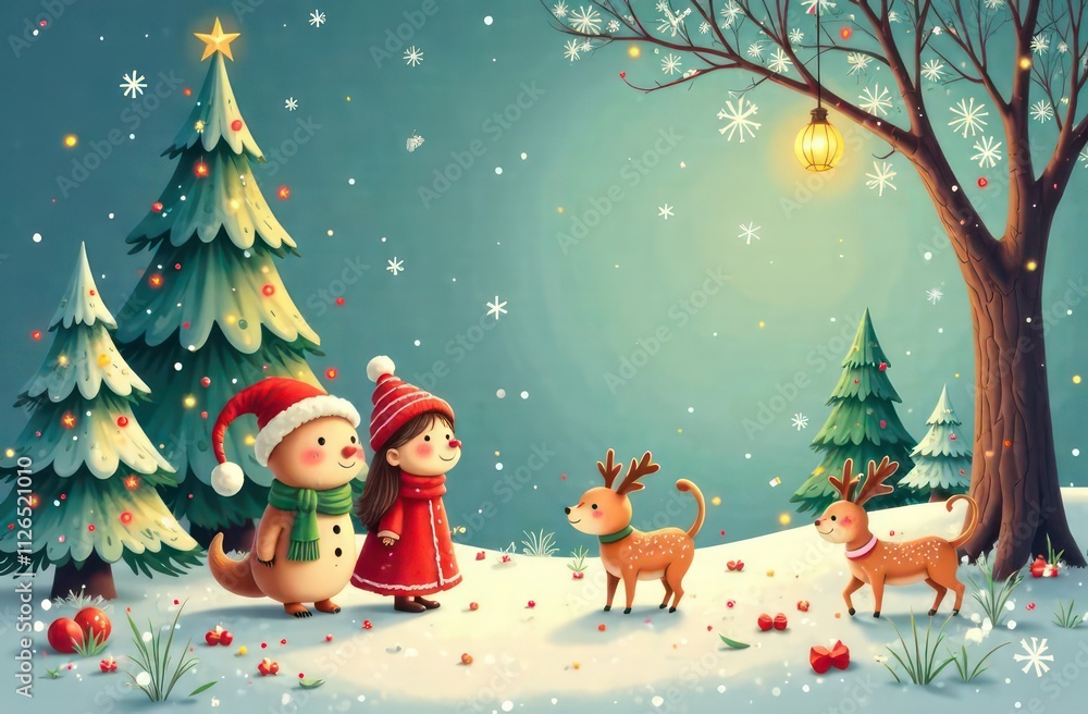 A cute Christmas illustration featuring a whimsical scene. A magical holiday setting with snowy trees, twinkling lights, and charming figures evokes a cozy and festive atmosphere. A cute Christmas illustration featuring a whimsical scene. A magical holiday setting with snowy trees, twinkling lights, and charming figures evokes a cozy and festive atmosphere.