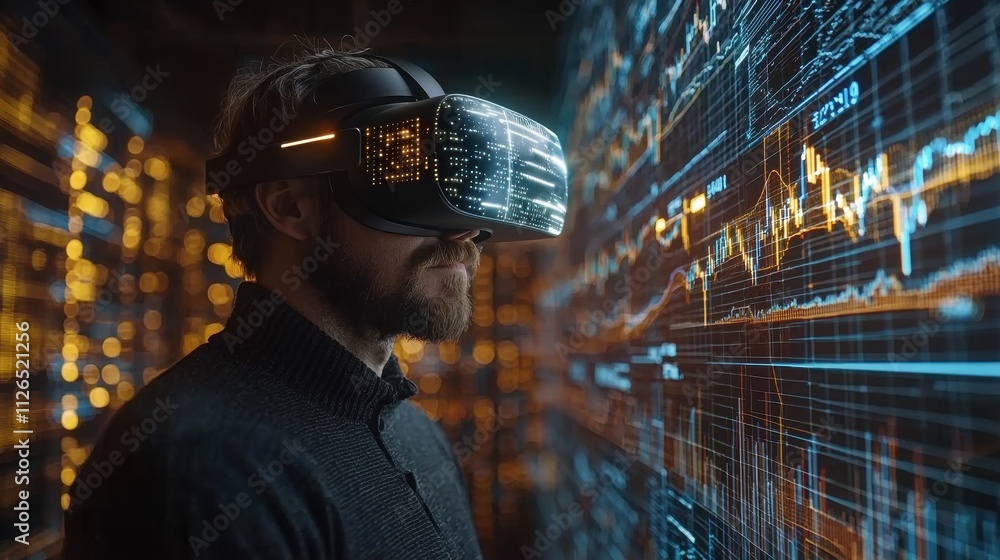Man in Virtual Reality Headset Analyzing Data Trends on a Digital Display Background Man in Virtual Reality Headset Analyzing Data Trends on a Digital Display Background
