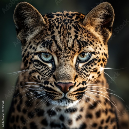 close-up of a leopard with striking eyes and distinctive fur pattern photo