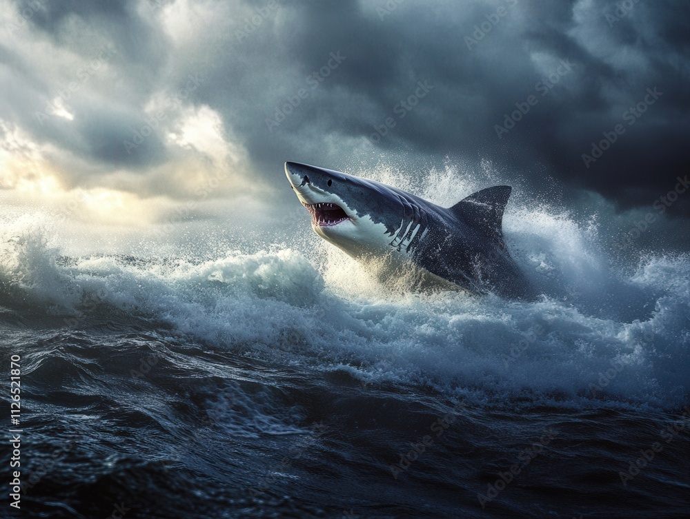 Fototapeta premium great white shark breaching the surface in dramatic ocean scene