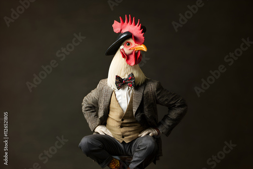 Elegant Jazz Chicken Sporting a Dapper Outfit with a Chic Tall Hat in a Whimsical Scene photo