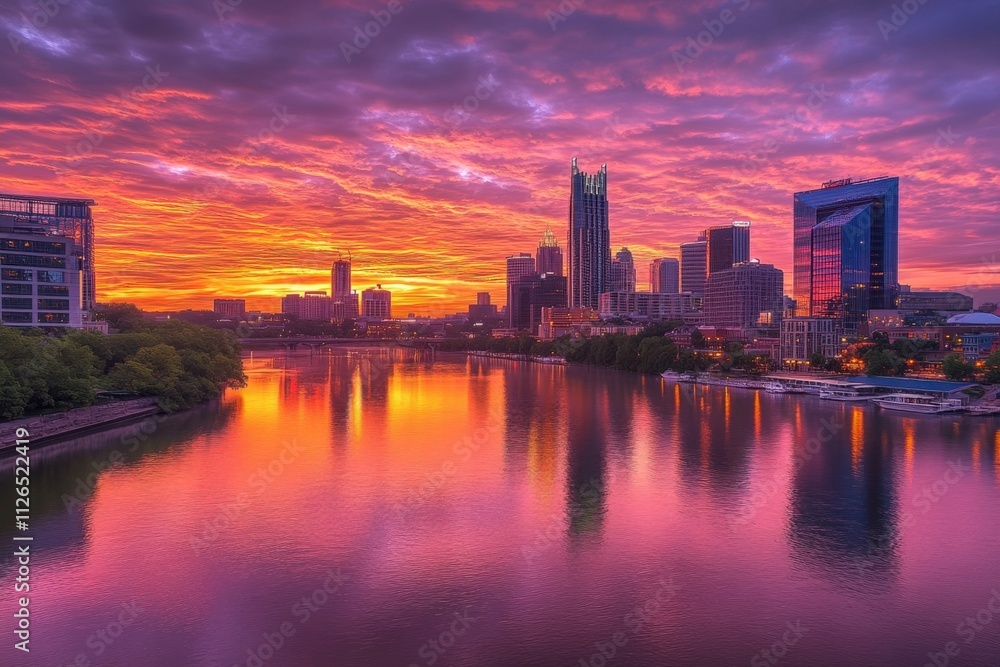 stunning sunset over a city skyline reflecting on water stunning sunset over a city skyline reflecting on water