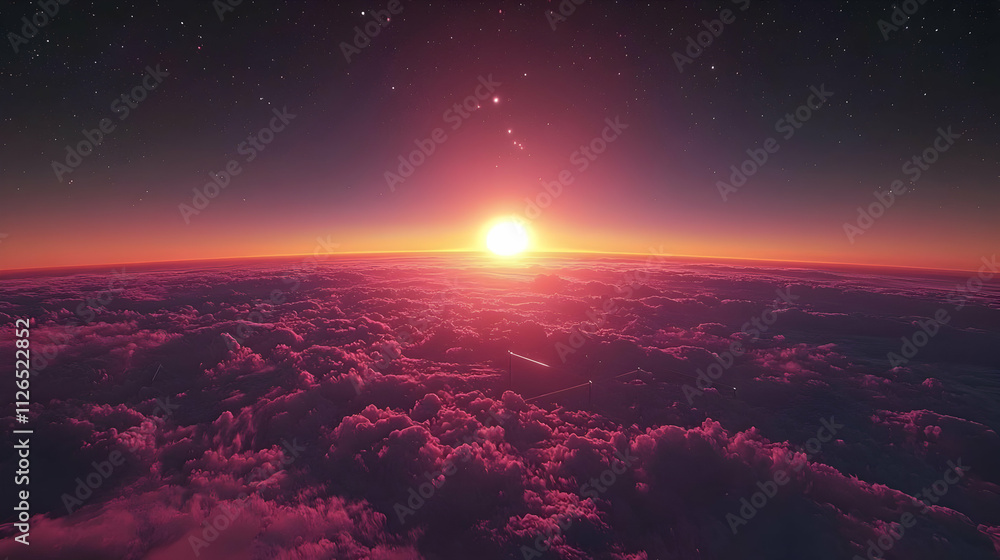 Crimson Sunset Above Cloud Ocean, Starry Night Crimson Sunset Above Cloud Ocean, Starry Night