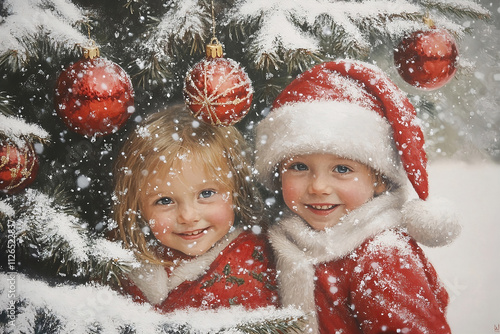 A little girl and a boy in Christmas costume by the Christmas tree.