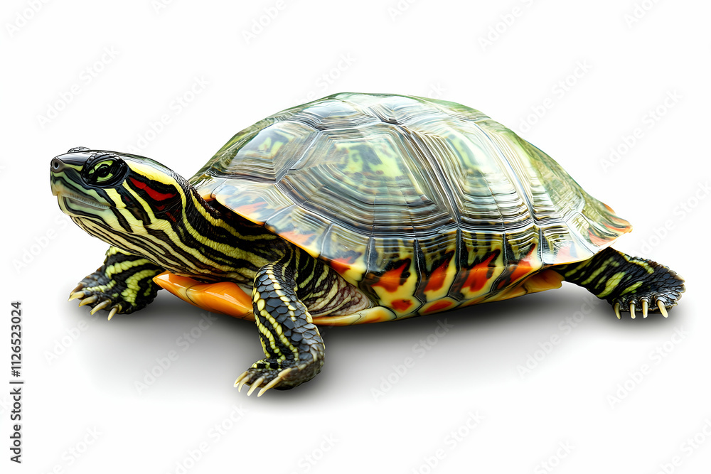 Obraz premium Vibrant Painted Turtle isolated on white background. Perfect for educational materials or nature-themed designs.