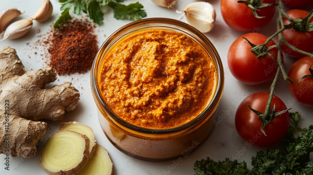 Creamy Tikka Masala sauce elegantly displayed clear glass container surrounded fresh tomatoes yogurt garlic ginger and garam masala vibrant culinary showcase. Creamy Tikka Masala sauce elegantly displayed clear glass container surrounded fresh tomatoes yogurt garlic ginger and garam masala vibrant culinary showcase.