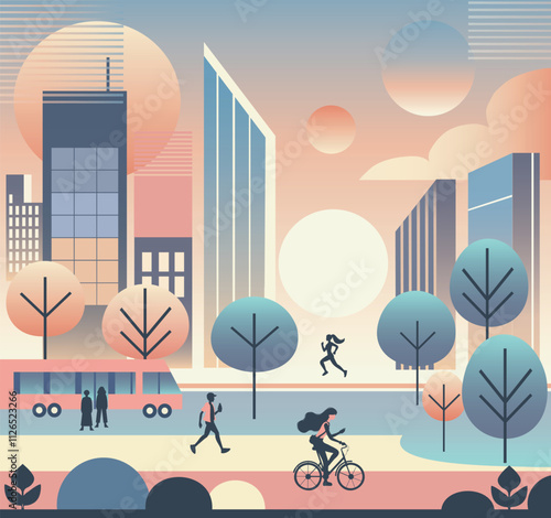 Modern vector illustration in minimalistic style city landscape, sunset or sunrise with fashionable gradient, trendy color, buildings, people and nature. Suitable for decor, poster, web design, websit