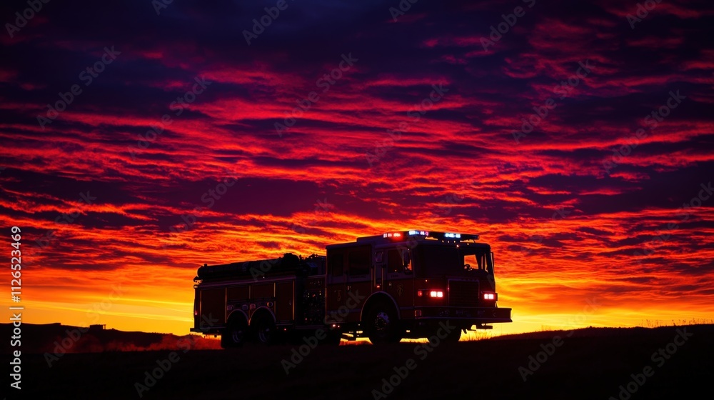 Fototapeta premium fire truck silhouette against a dramatic sunset