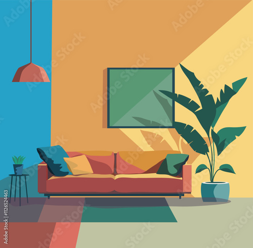 Vector illustration of a modern interior in flat style. Bright sofa with pillows, carpet, houseplants. Minimalistic design is ideal for interior projects and for posters, web design, website