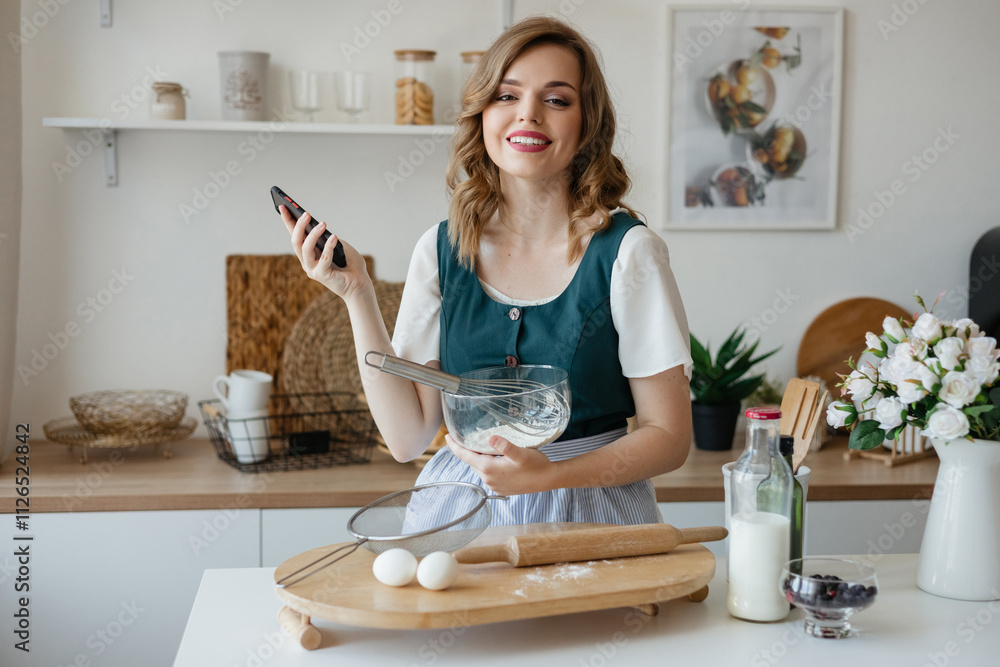 Beautiful girl holding a smartphone in her hand while cooking Beautiful girl holding a smartphone in her hand while cooking