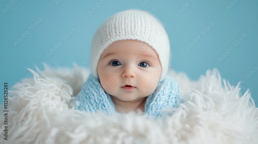 A baby with big, curious blue eyes looks off to the side. A baby with big, curious blue eyes looks off to the side.