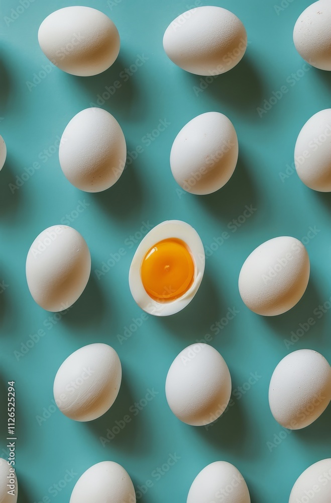 White eggs neatly arranged on a teal surface, highlighting one cracked egg revealing a vibrant yolk inside. White eggs neatly arranged on a teal surface, highlighting one cracked egg revealing a vibrant yolk inside.