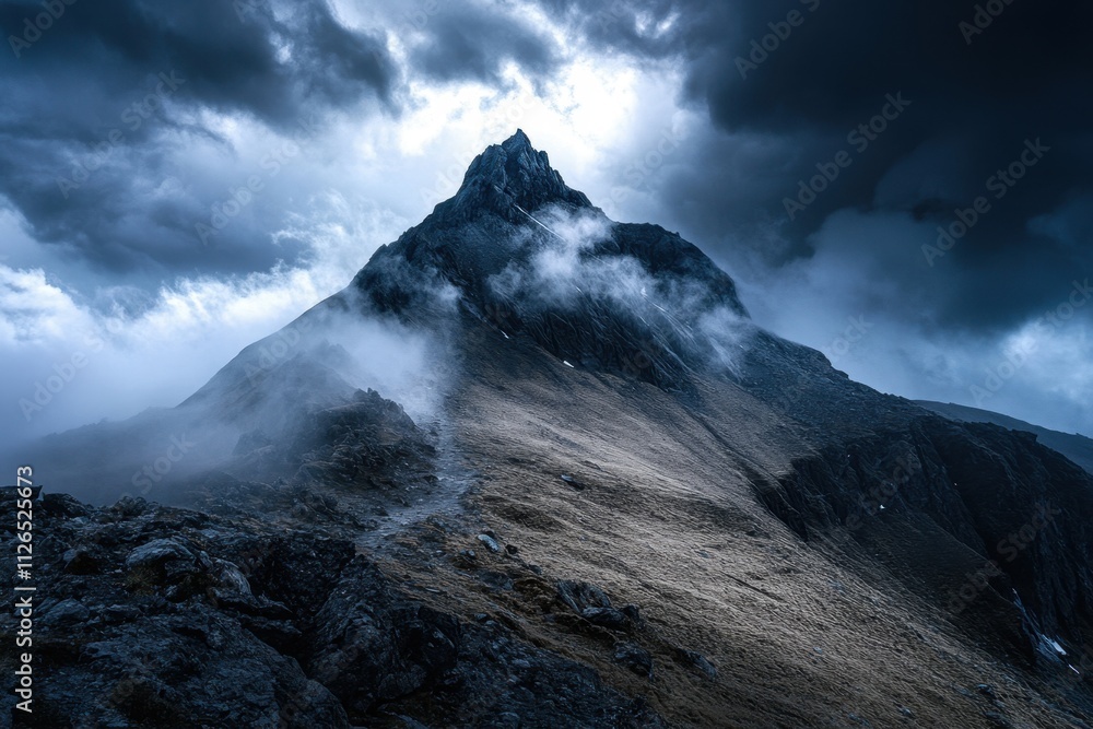 Dramatic mountain peak surrounded by dark clouds nature landscape high altitude adventure mysterious environment captivating viewpoint for outdoor enthusiasts Dramatic mountain peak surrounded by dark clouds nature landscape high altitude adventure mysterious environment captivating viewpoint for outdoor enthusiasts