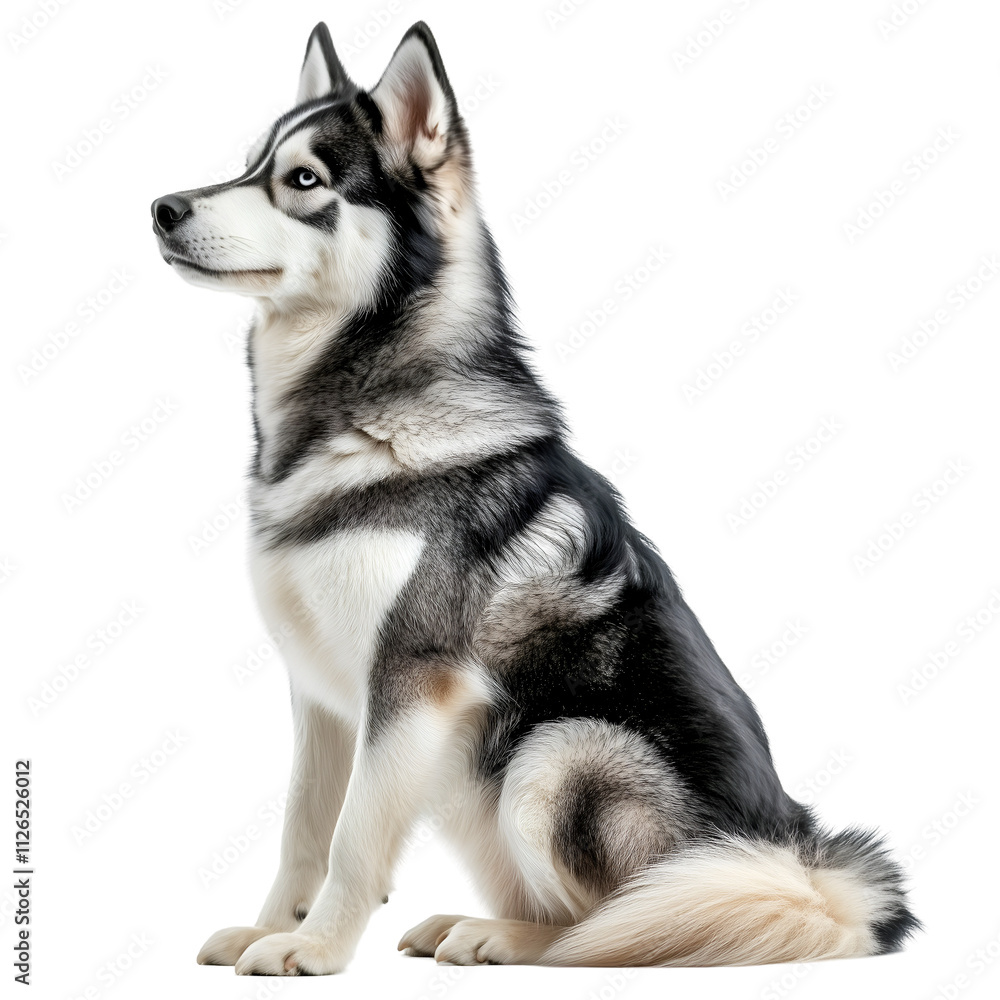 Fototapeta premium Loyal Siberian Husky sitting elegantly, showcasing its captivating blue eyes and distinctive coat pattern in a poised posture, PNG image, Cutout, Isolated on white background