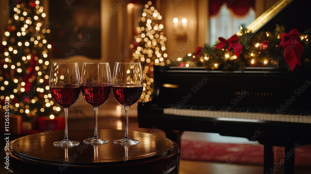Red wine glasses with Christmas lights in the background, holiday warmth selective focus, cozy theme, warm, blend mode, lounge backdrop Red wine glasses with Christmas lights in the background, holiday warmth selective focus, cozy theme, warm, blend mode, lounge backdrop