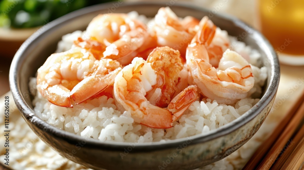 Delicious cooked shrimp with rice and drinks ready for a meal. Delicious cooked shrimp with rice and drinks ready for a meal.