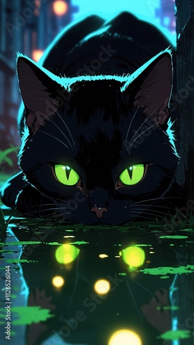 A mysterious black cat with bright green eyes crouches by a reflective puddle, surrounded by vibrant neon lights that create an eerie urban atmosphere. anime style illustration