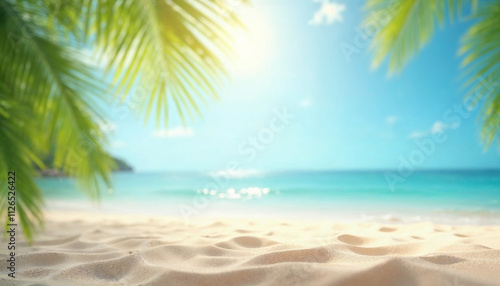 Tropical Sand With Blue Sea And Palm Leaves - Beach Summer Defocused Background With Glittering Of Sunlights