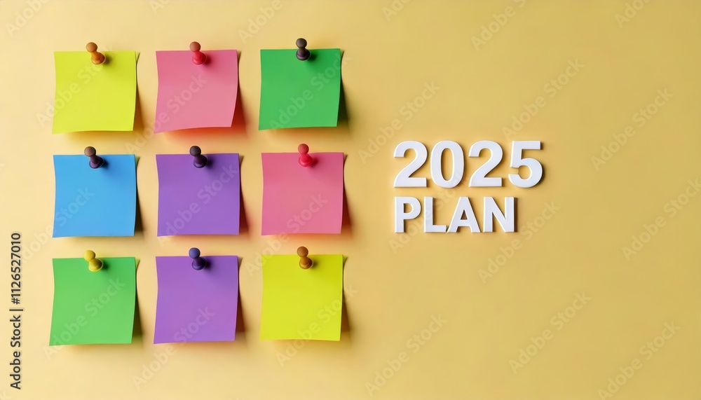A vibrant 2025 plan featuring colorful sticky notes arranged on a yellow background, ideal for goal setting and organization. A vibrant 2025 plan featuring colorful sticky notes arranged on a yellow background, ideal for goal setting and organization.