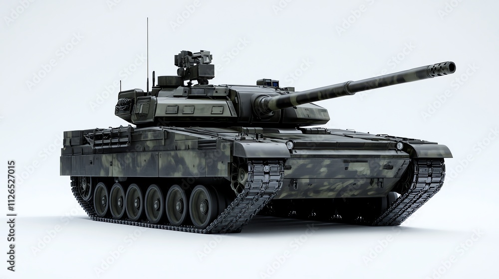 A modern military tank with camouflage paint. A modern military tank with camouflage paint.