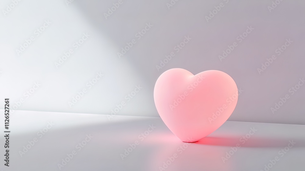 Glowing pink heart on white background, illuminated by sunlight. Glowing pink heart on white background, illuminated by sunlight.