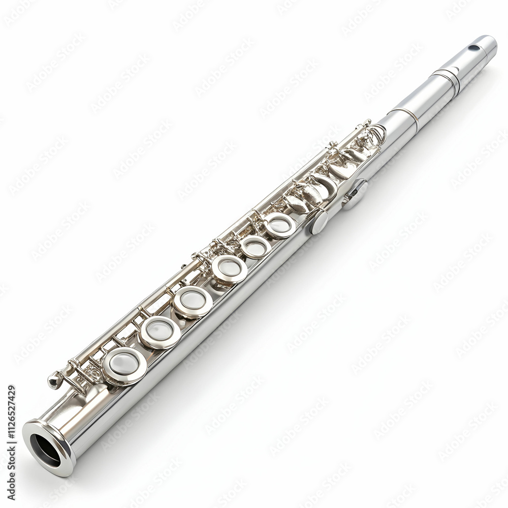 Fototapeta premium A shiny silver flute with elegant finger keys, producing smooth,