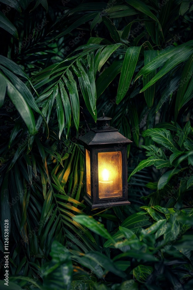 A rustic lantern glowing amidst jungle foliage. A rustic lantern glowing amidst jungle foliage.