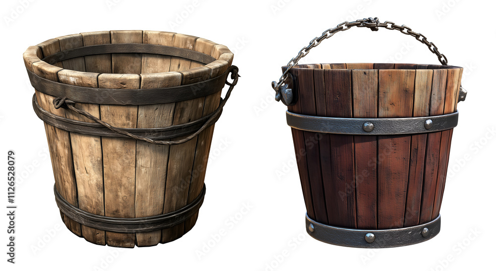 Wooden buckets, a pair of rustic containers with metal bands and chains, evoking a sense of tradition and functionality in a still life composition, PNG image, Cutout, Isolated on white background Wooden buckets, a pair of rustic containers with metal bands and chains, evoking a sense of tradition and functionality in a still life composition, PNG image, Cutout, Isolated on white background