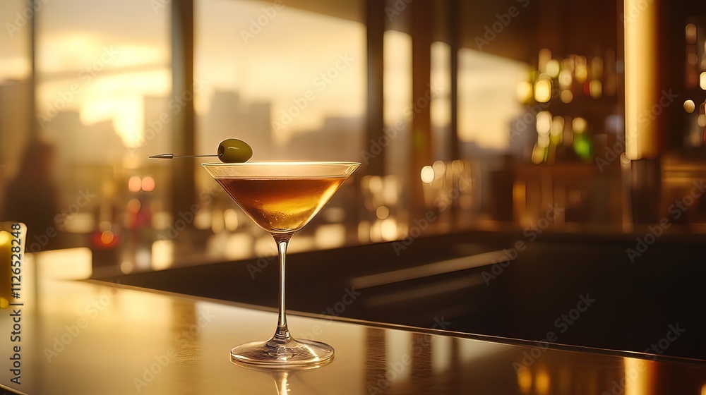Golden hour martini cocktail on bar counter with olive garnish, city sunset view. Golden hour martini cocktail on bar counter with olive garnish, city sunset view.