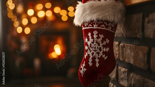 Red Christmas stocking hangs by fireplace with warm lights photo