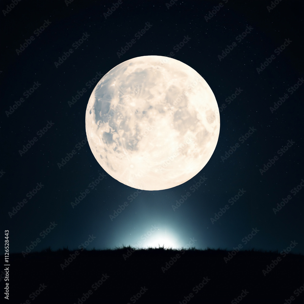 A radiant full moon lighting up a clear night sky with visible stars above a dark grassy horizon, creating a serene atmosphere. A radiant full moon lighting up a clear night sky with visible stars above a dark grassy horizon, creating a serene atmosphere.