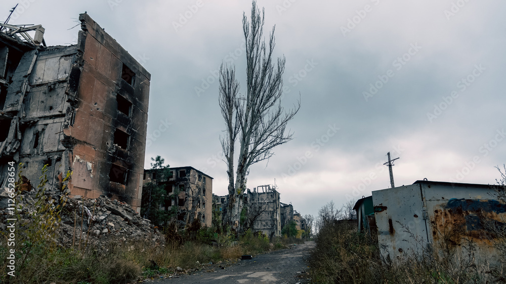 destroyed and burned houses in the city in Ukraine destroyed and burned houses in the city in Ukraine