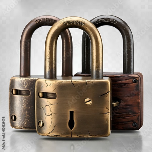 Collection of three vintage locks with distinct textures and colors, representing security 