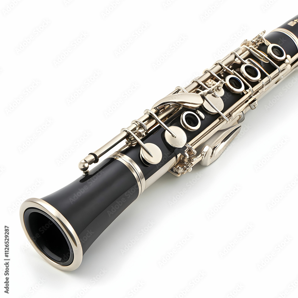 Naklejka premium A silver clarinet with a black mouthpiece and intricate keywork