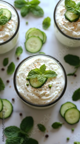 Creamy raita sauce presented clear glass bowl surrounded diced cucumbers mint leaves and cumin seeds showcasing its refreshing and tangy qualities.