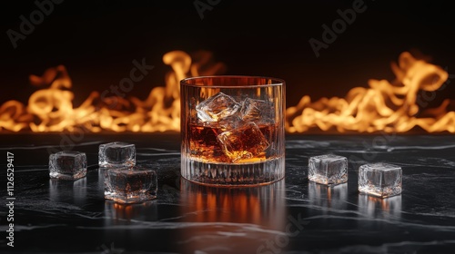 Whiskey glass with ice cubes, elegant drink setup for New Year s focus on, classic theme, realistic, double exposure, bar counter backdrop photo