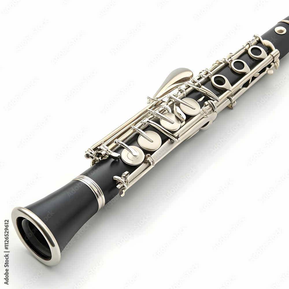 Naklejka premium A silver clarinet with a black mouthpiece and intricate keywork