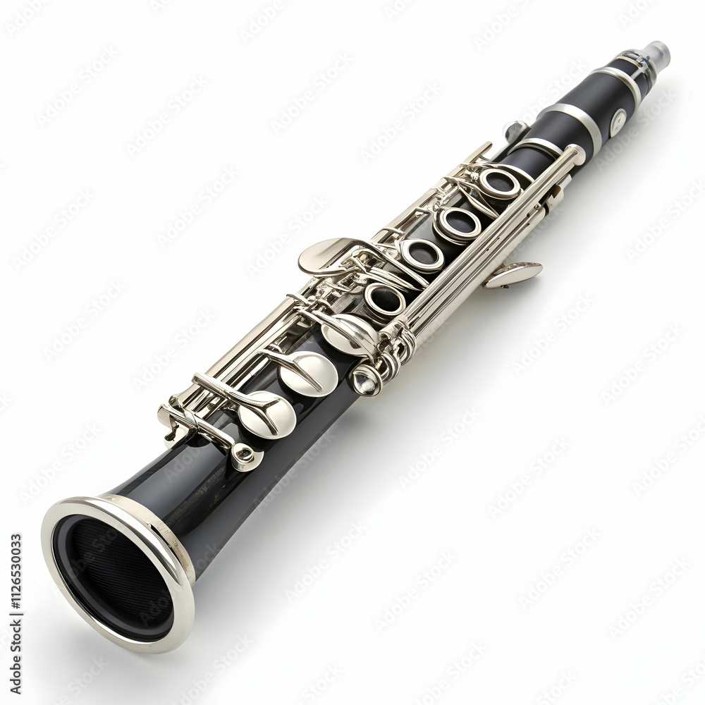 Fototapeta premium A silver clarinet with a black mouthpiece and intricate keywork