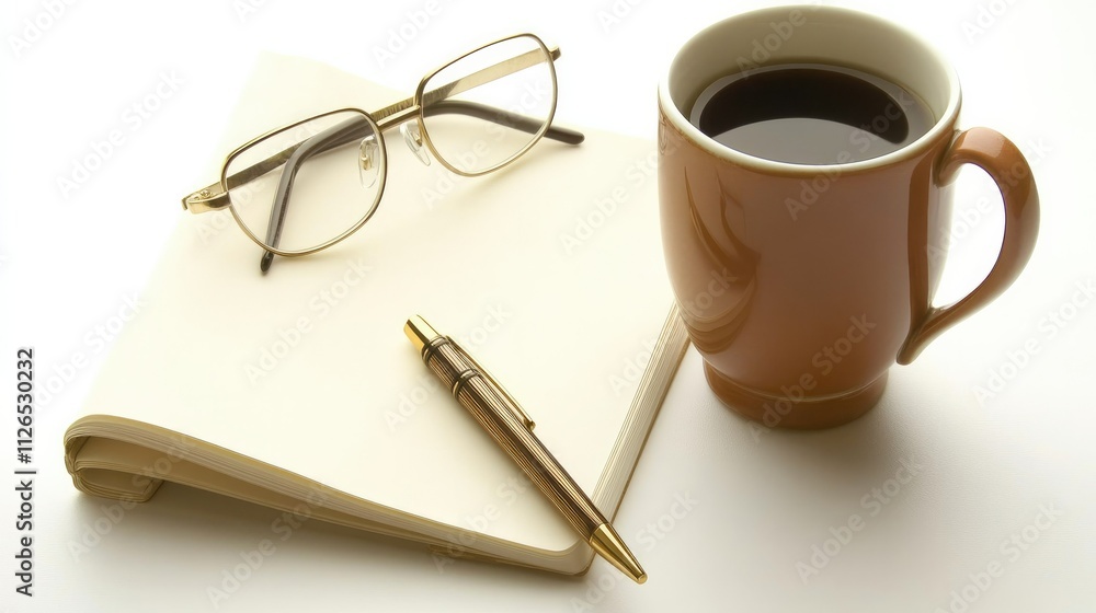 A tidy setup of home office essentials such as a notebook, pen, glasses, and a coffee cup on a white background A tidy setup of home office essentials such as a notebook, pen, glasses, and a coffee cup on a white background
